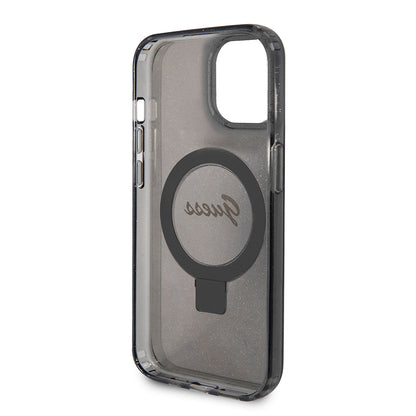 MagSafe-skal för Apple iPhone 15, Guess, Ring Stand Script Glitter, Svart