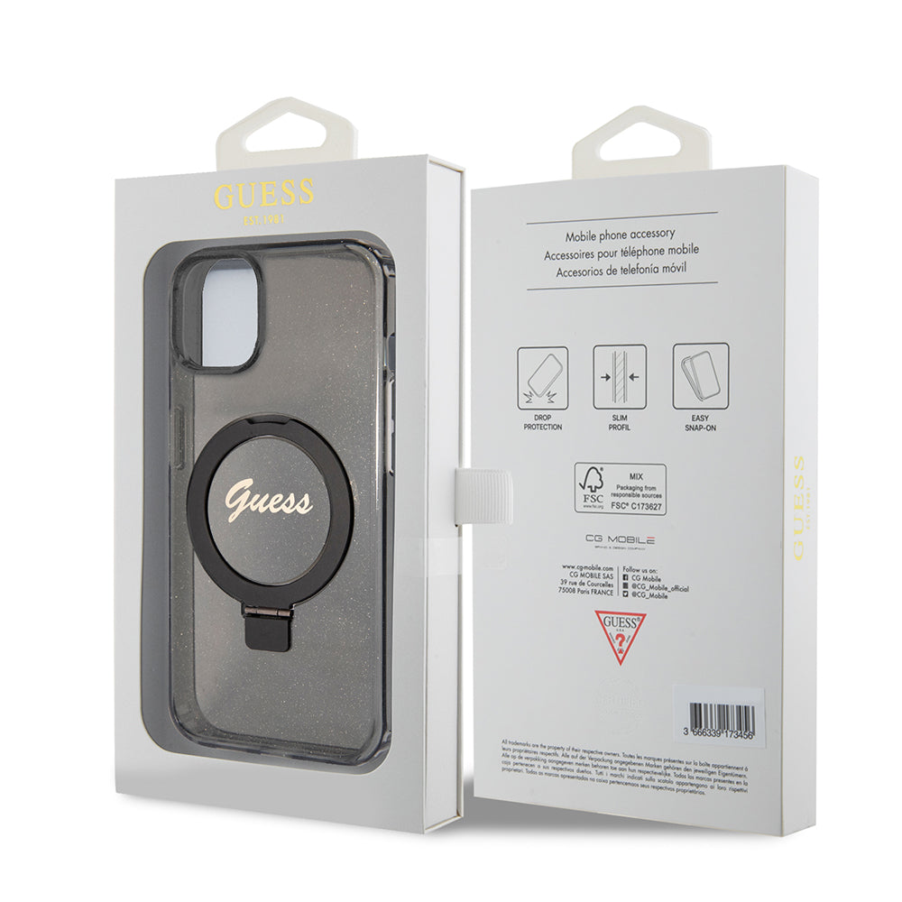 MagSafe-skal för Apple iPhone 15, Guess, Ring Stand Script Glitter, Svart