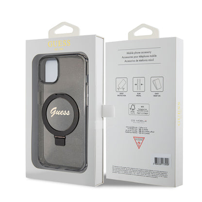 MagSafe-skal för Apple iPhone 15, Guess, Ring Stand Script Glitter, Svart