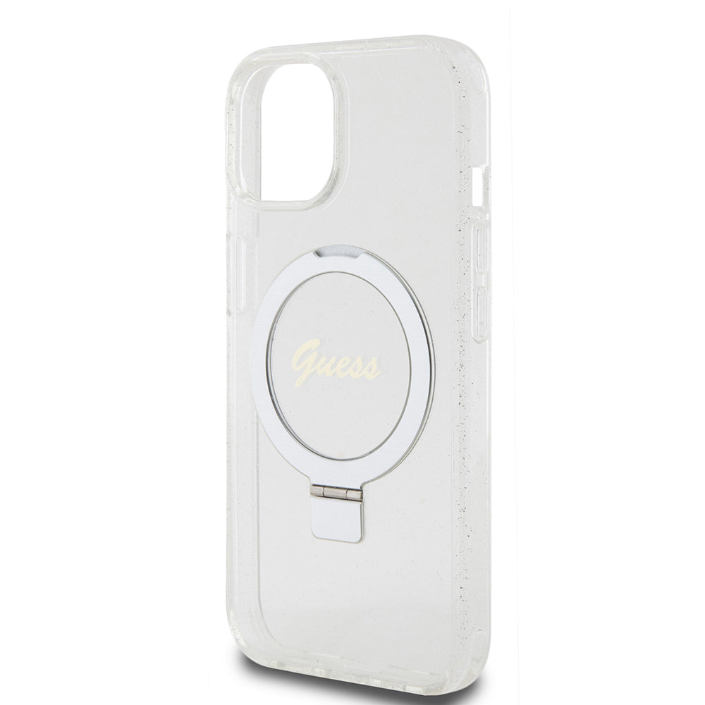MagSafe-skal för Apple iPhone 15, Guess, Ring Stand Script Glitter, Transparent