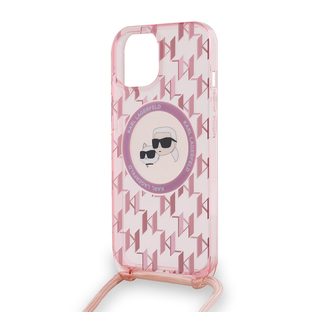 MagSafe-skal för Apple iPhone 15, Karl Lagerfeld, IML Crossbody Monogram Karl & Choupette's Heads, Rosa