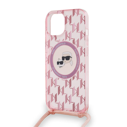 MagSafe-skal för Apple iPhone 15, Karl Lagerfeld, IML Crossbody Monogram Karl & Choupette's Heads, Rosa