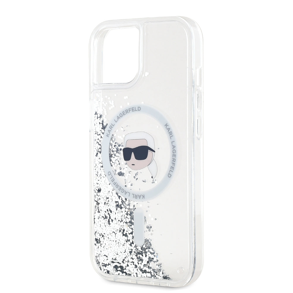 MagSafe-skal för Apple iPhone 15, Karl Lagerfeld, Liquid Glitter Karl's Head, Transparent