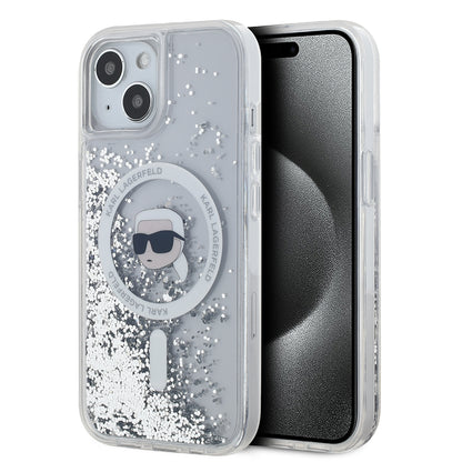MagSafe-skal för Apple iPhone 15, Karl Lagerfeld, Liquid Glitter Karl's Head, Transparent