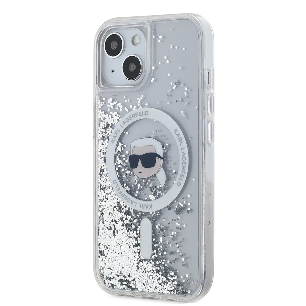 MagSafe-skal för Apple iPhone 15, Karl Lagerfeld, Liquid Glitter Karl's Head, Transparent