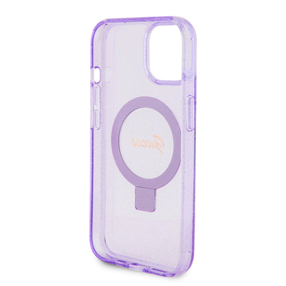 MagSafe Case for Apple iPhone 15 Plus, Guess, Ring Stand Script Glitter, Purple
