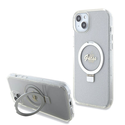 MagSafe-skal för Apple iPhone 15 Plus, Guess, Ring Stand Script Glitter, Transparent
