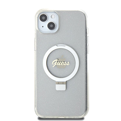 MagSafe-skal för Apple iPhone 15 Plus, Guess, Ring Stand Script Glitter, Transparent