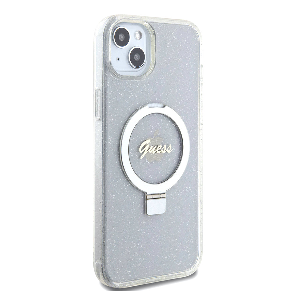 MagSafe-skal för Apple iPhone 15 Plus, Guess, Ring Stand Script Glitter, Transparent