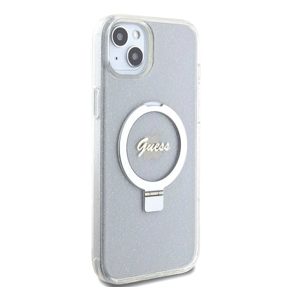 MagSafe-skal för Apple iPhone 15 Plus, Guess, Ring Stand Script Glitter, Transparent