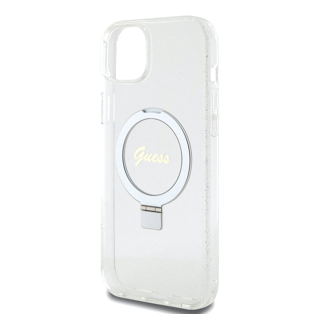 MagSafe-skal för Apple iPhone 15 Plus, Guess, Ring Stand Script Glitter, Transparent