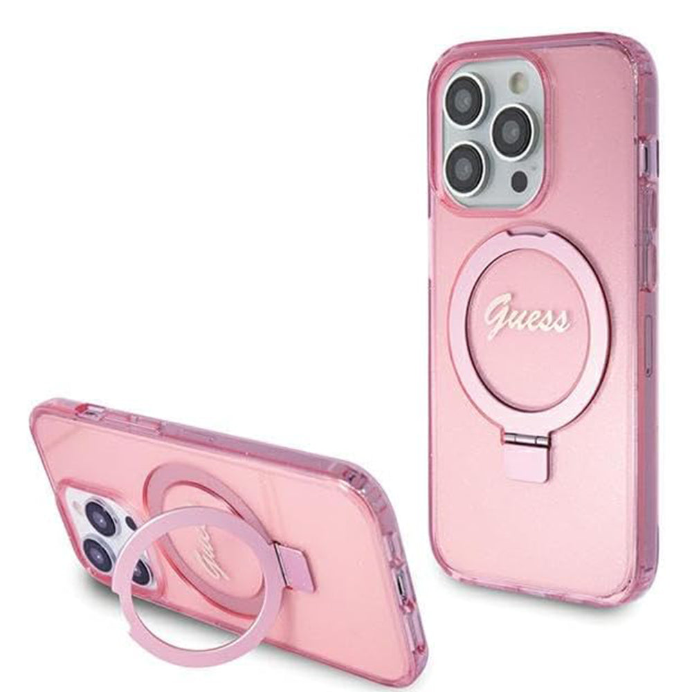 MagSafe Case for Apple iPhone 15 Pro, Guess, IML Ring Stand Glitter, Pink