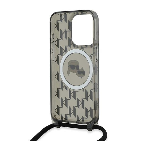 MagSafe-fodral för Apple iPhone 15 Pro, Karl Lagerfeld, IML Crossbody Monogram Karl & Choupette's Heads, Svart