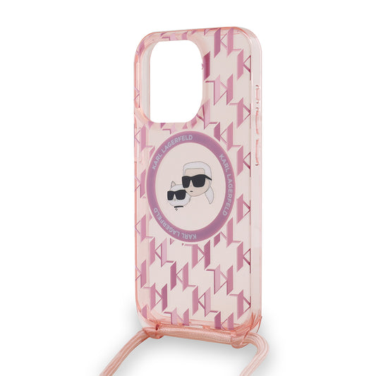 MagSafe-skal för Apple iPhone 15 Pro, Karl Lagerfeld, IML Crossbody Monogram Karl & Choupette's Heads, Rosa