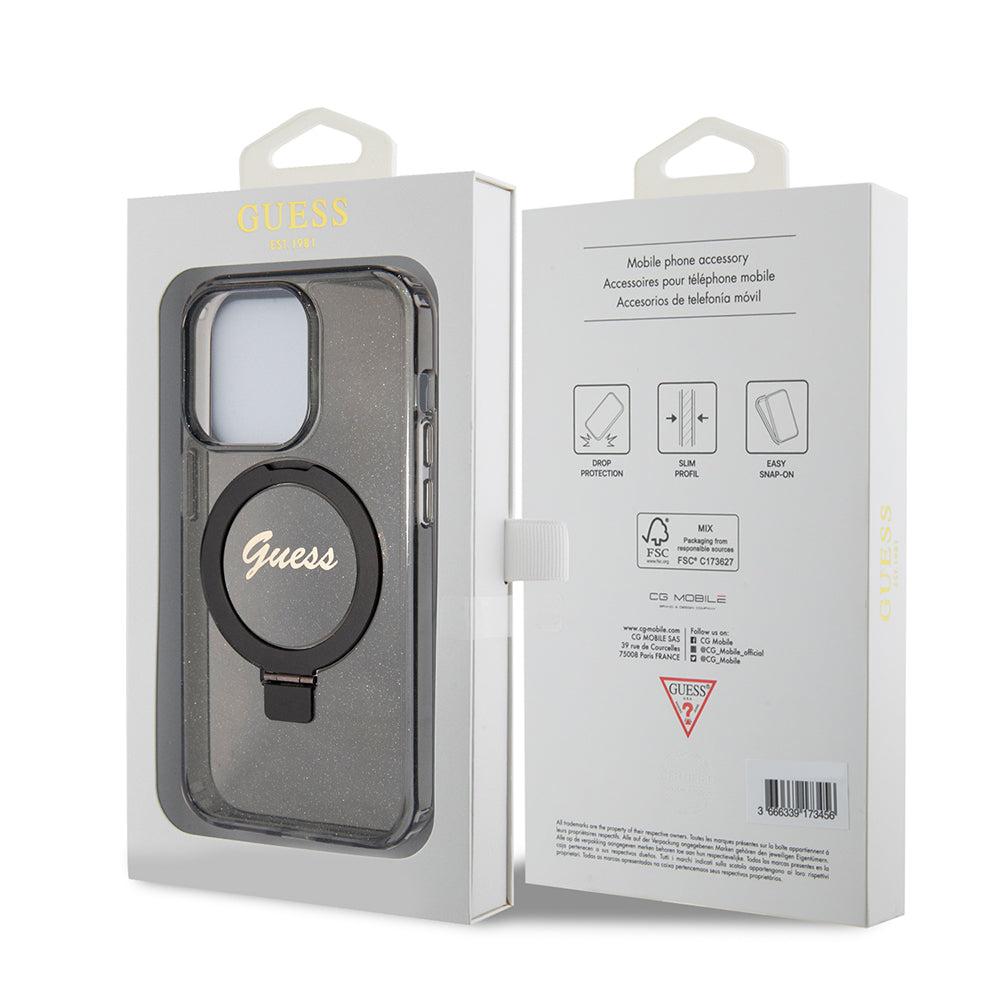 MagSafe-skal för Apple iPhone 15 Pro Max, Guess, IML Ring Stand Glitter, Svart