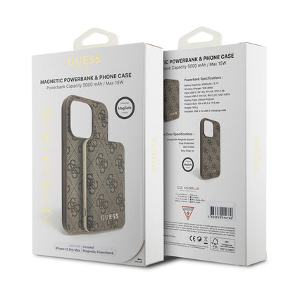 MagSafe-skal för Apple iPhone 15 Pro Max, Guess, Powerbank 4G Metal Logo, Brun
