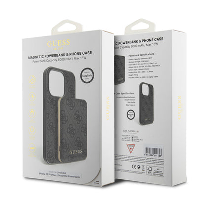 MagSafe-skal för Apple iPhone 15 Pro Max, Guess, Powerbank 4G Metal Logo, Svart