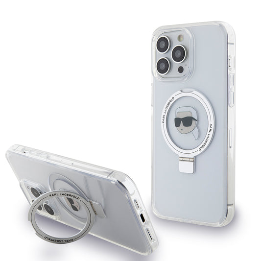 MagSafe Case for Apple iPhone 15 Pro Max, Karl Lagerfeld, Ring Stand Karl's Head, White
