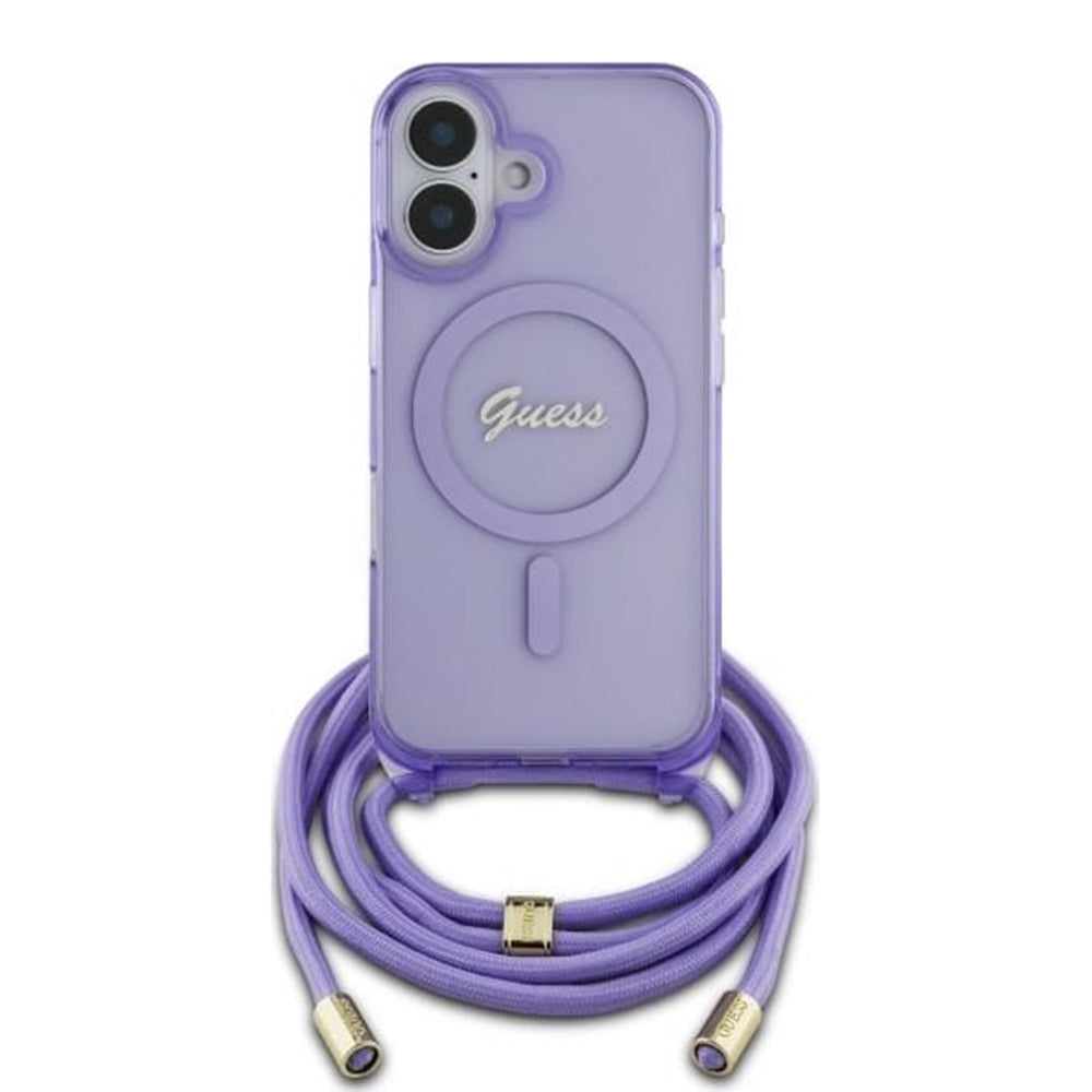 MagSafe-fodral för Apple iPhone 16, Guess, IML Crossbody Cord Script, Lila