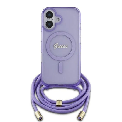MagSafe-fodral för Apple iPhone 16, Guess, IML Crossbody Cord Script, Lila