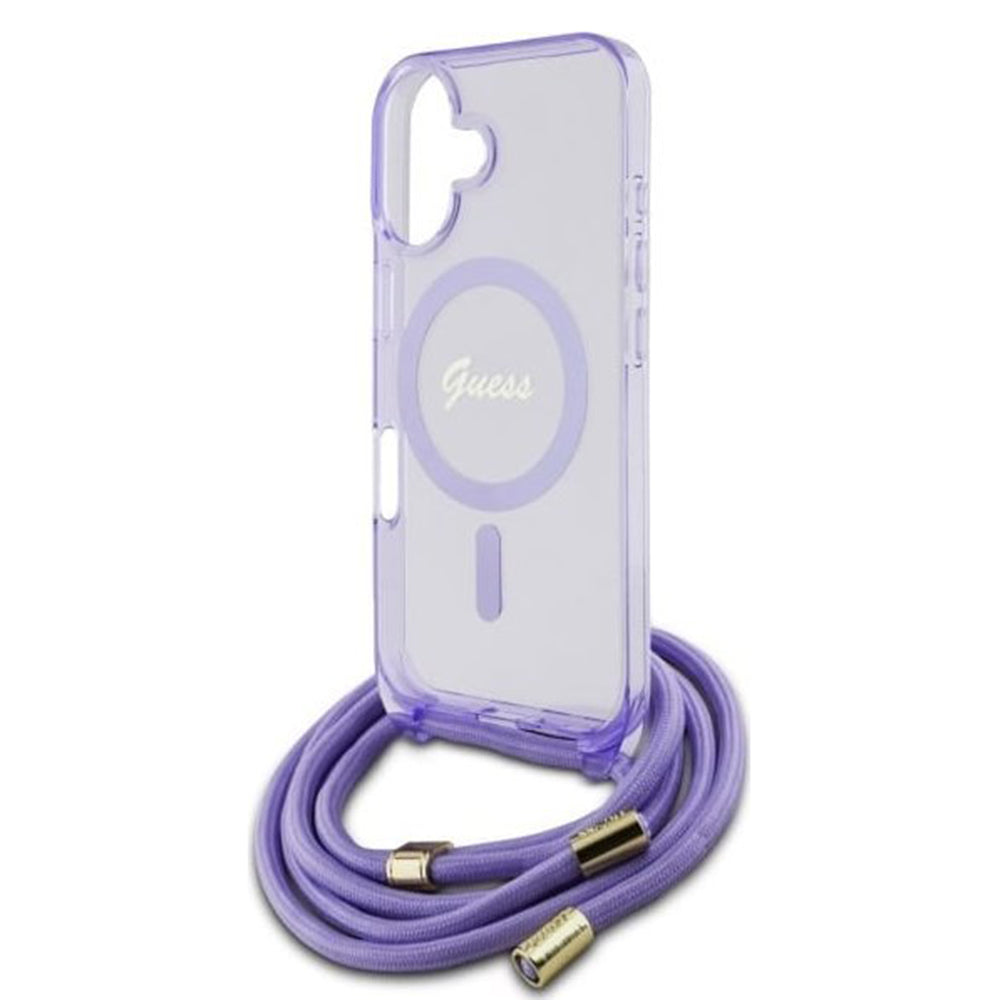 MagSafe-fodral för Apple iPhone 16, Guess, IML Crossbody Cord Script, Lila