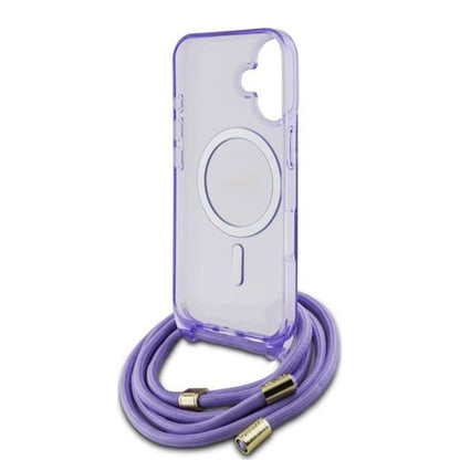 MagSafe-fodral för Apple iPhone 16, Guess, IML Crossbody Cord Script, Lila