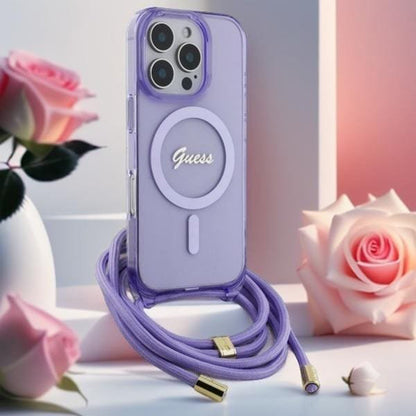 MagSafe-fodral för Apple iPhone 16, Guess, IML Crossbody Cord Script, Lila