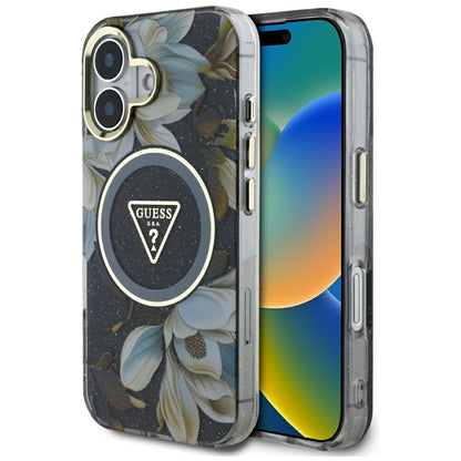 MagSafe-skal för Apple iPhone 16, Guess, IML Metal Glitter Flowers Triangle, Svart