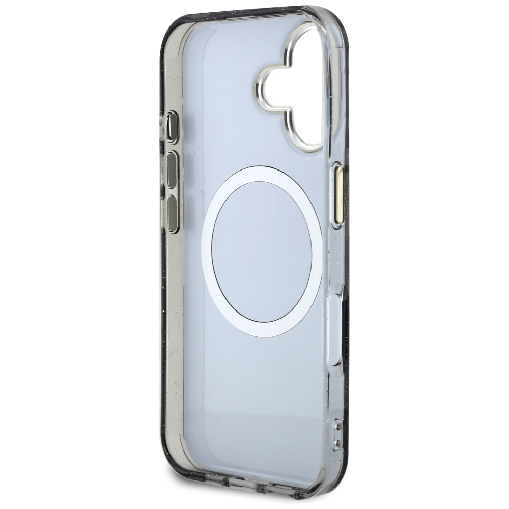 MagSafe-skal för Apple iPhone 16, Guess, IML Metal Glitter Flowers Triangle, Svart