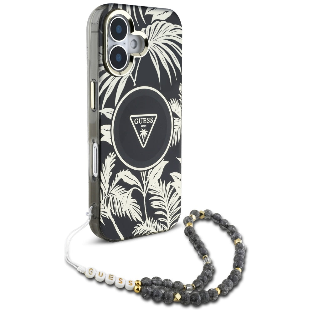MagSafe-skal för Apple iPhone 16, Guess, IML Palm Trees Triangle med Pearl Strap, Svart