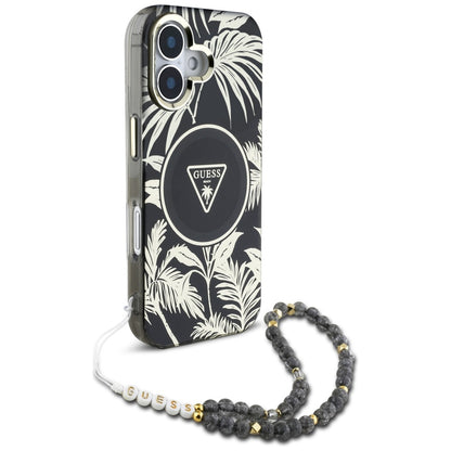 MagSafe-skal för Apple iPhone 16, Guess, IML Palm Trees Triangle med Pearl Strap, Svart