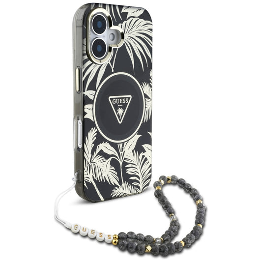 MagSafe-skal för Apple iPhone 16, Guess, IML Palm Trees Triangle med Pearl Strap, Svart