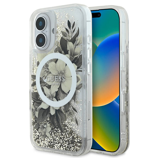 MagSafe-fodral för Apple iPhone 16, Guess, Liquid Glitter Flower, Beige