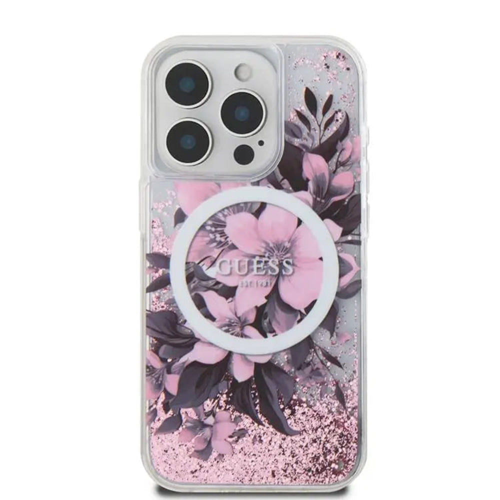 MagSafe Case for Apple iPhone 16, Guess, Liquid Glitter Flower, Pink