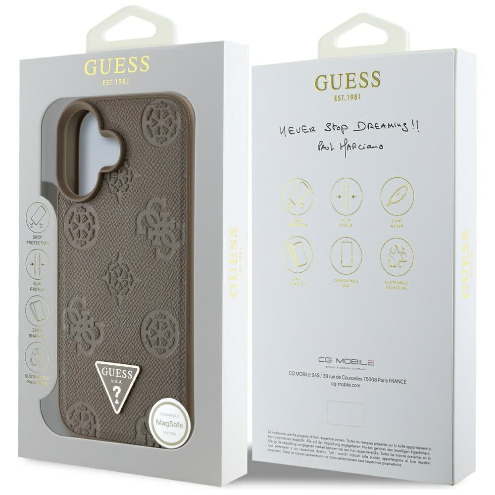 MagSafe-skal för Apple iPhone 16, Guess, Peony Grained Hot Stamp Triangle, Brun