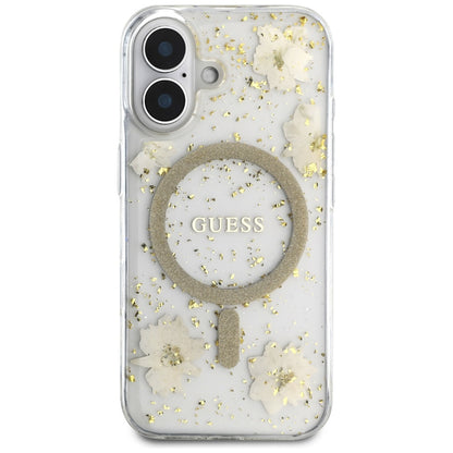 MagSafe-fodral för Apple iPhone 16, Guess, Resin Flowers and Glitter, Beige