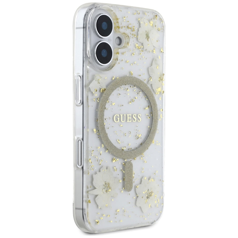 MagSafe-fodral för Apple iPhone 16, Guess, Resin Flowers and Glitter, Beige