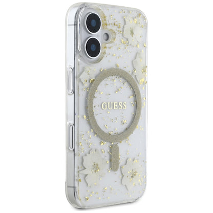 MagSafe-fodral för Apple iPhone 16, Guess, Resin Flowers and Glitter, Beige