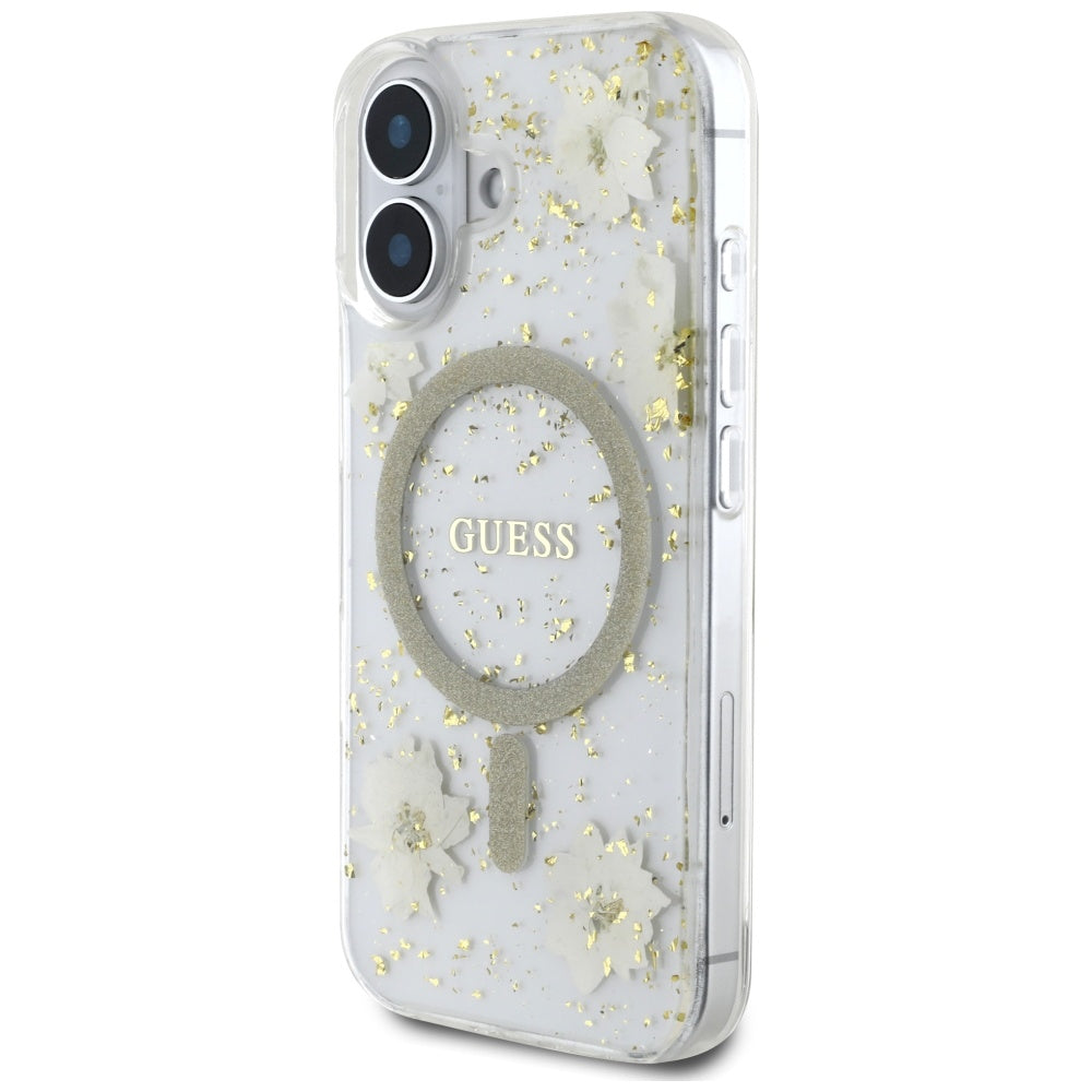 MagSafe-fodral för Apple iPhone 16, Guess, Resin Flowers and Glitter, Beige