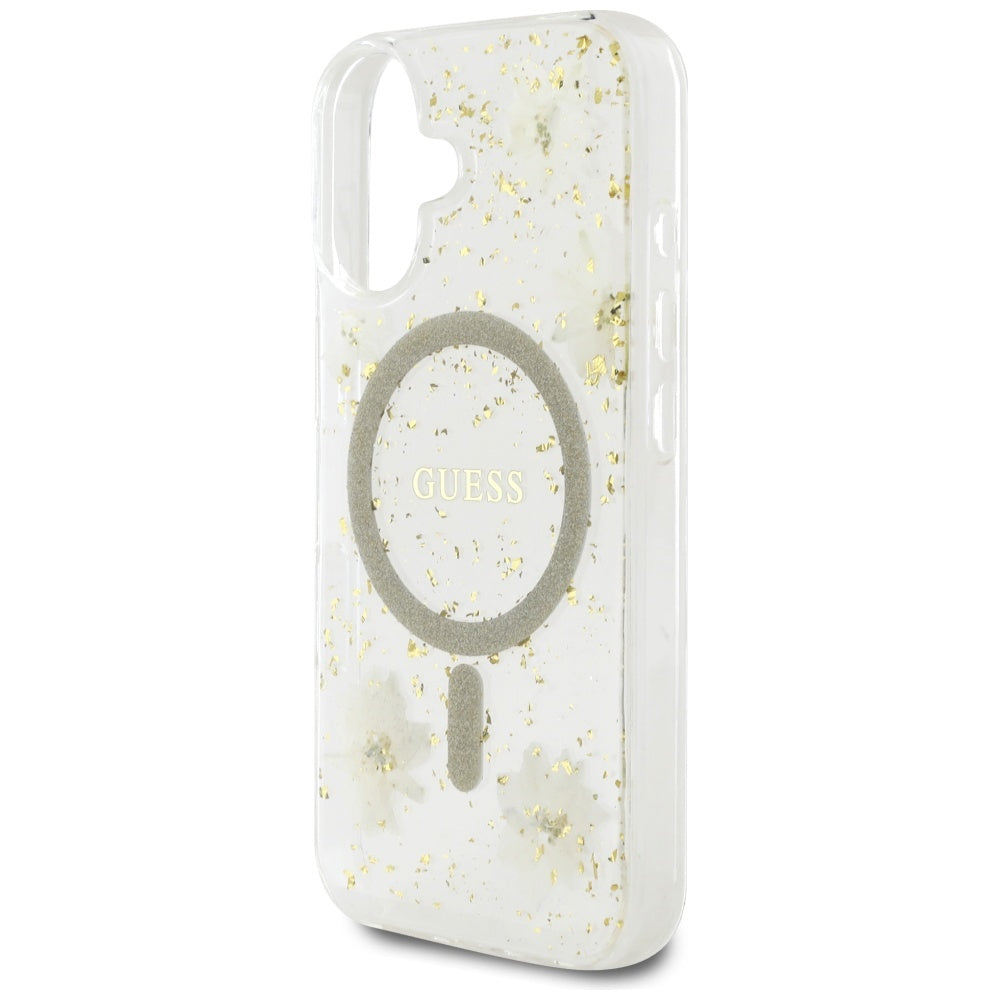 MagSafe-fodral för Apple iPhone 16, Guess, Resin Flowers and Glitter, Beige