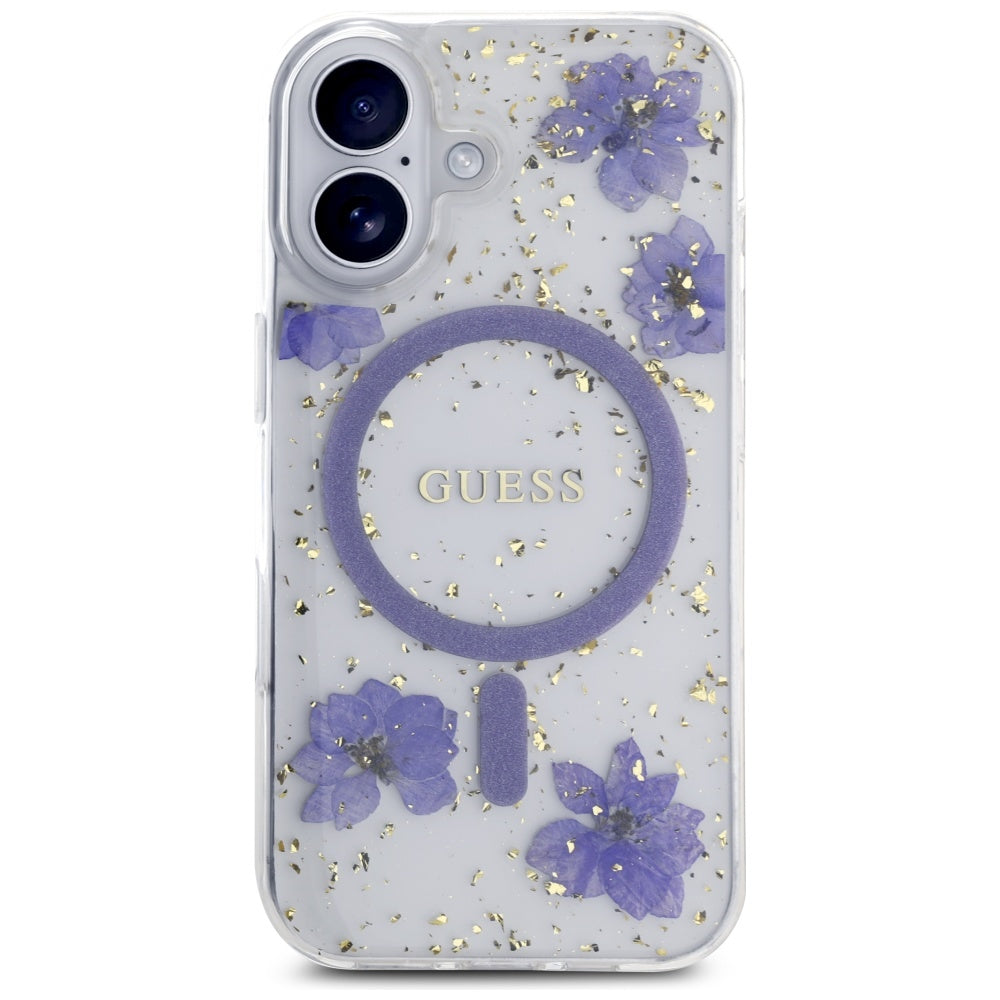 MagSafe-skal för Apple iPhone 16, Guess, Resin Flowers and Glitter, Lila