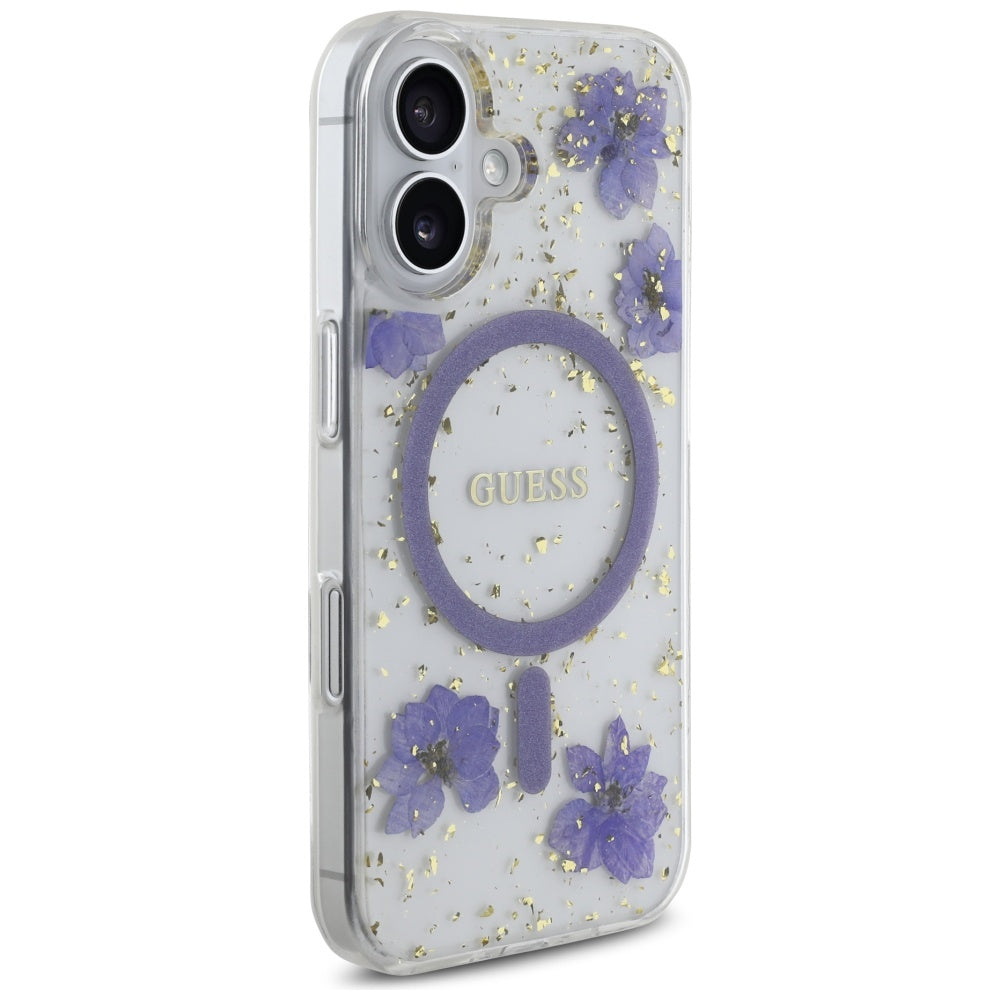 MagSafe-skal för Apple iPhone 16, Guess, Resin Flowers and Glitter, Lila