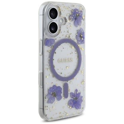 MagSafe-skal för Apple iPhone 16, Guess, Resin Flowers and Glitter, Lila