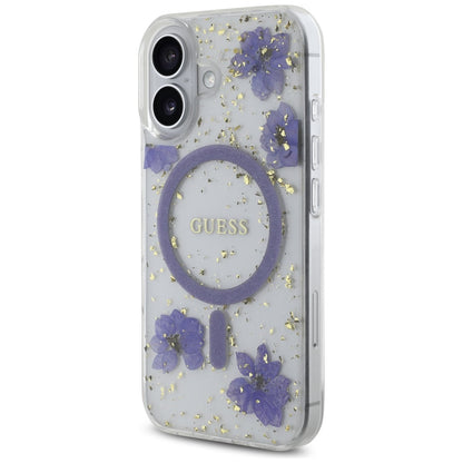 MagSafe-skal för Apple iPhone 16, Guess, Resin Flowers and Glitter, Lila