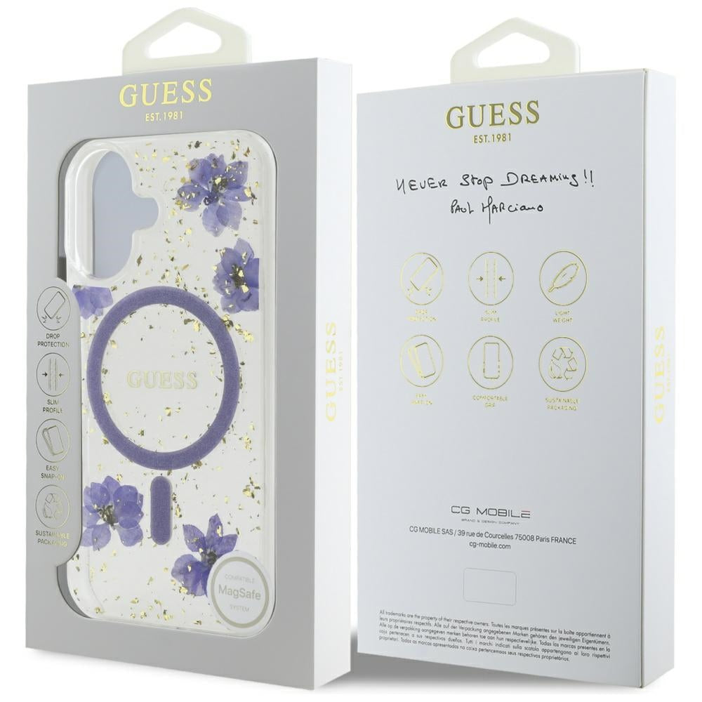 MagSafe-skal för Apple iPhone 16, Guess, Resin Flowers and Glitter, Lila
