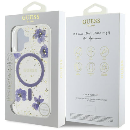 MagSafe-skal för Apple iPhone 16, Guess, Resin Flowers and Glitter, Lila