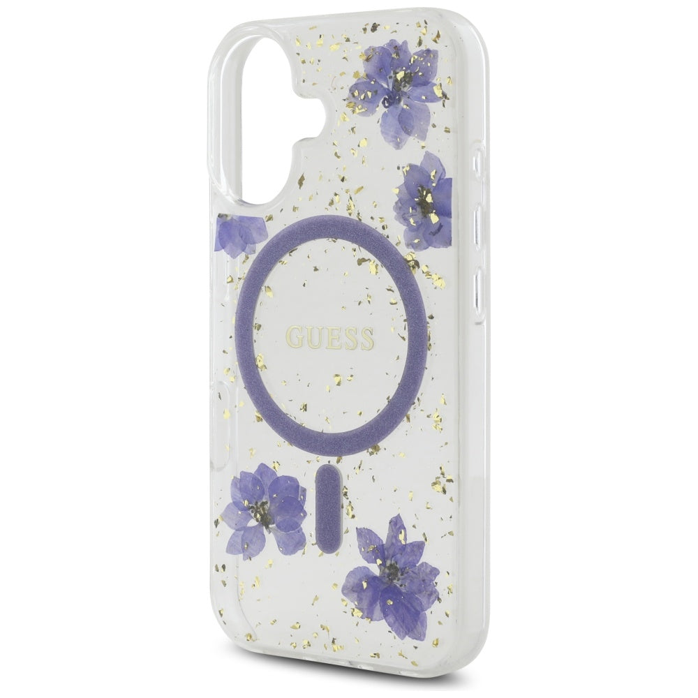 MagSafe-skal för Apple iPhone 16, Guess, Resin Flowers and Glitter, Lila