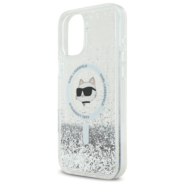 MagSafe Case for Apple iPhone 16, Karl Lagerfeld, Glitter Liquid Choupette Head, Transparent