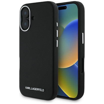 MagSafe-skal för Apple iPhone 16, Karl Lagerfeld, Saffiano Full Wrapped Elongated Metal Logo, Svart