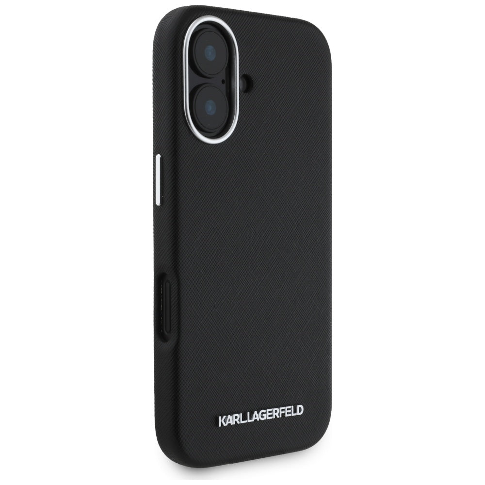 MagSafe-skal för Apple iPhone 16, Karl Lagerfeld, Saffiano Full Wrapped Elongated Metal Logo, Svart